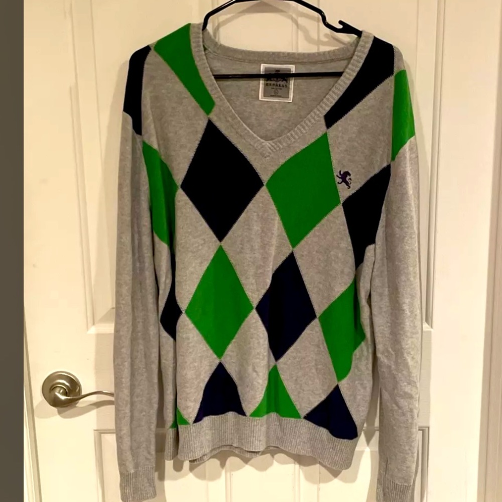 Express Mens Gray Argyle Print V Neck Sweater Size Large